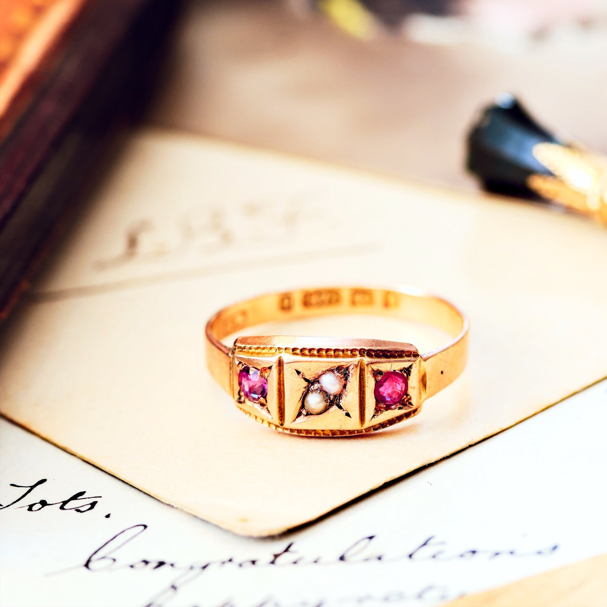 Antique Date 1878 Spinel & Pearl Dress Ring