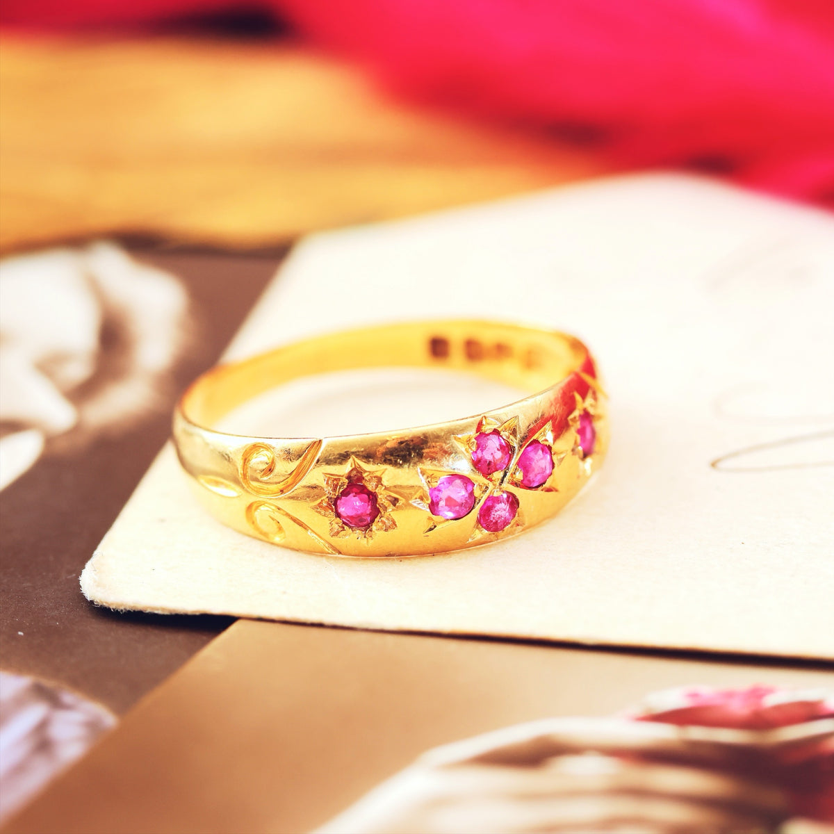 Date 1897 18ct Gold Ruby Gypsy Style Ring