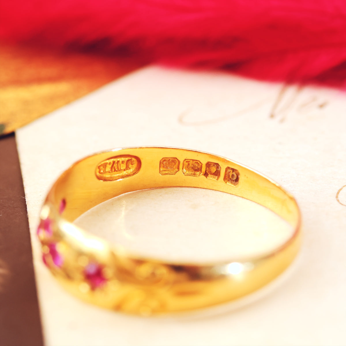 Date 1897 18ct Gold Ruby Gypsy Style Ring