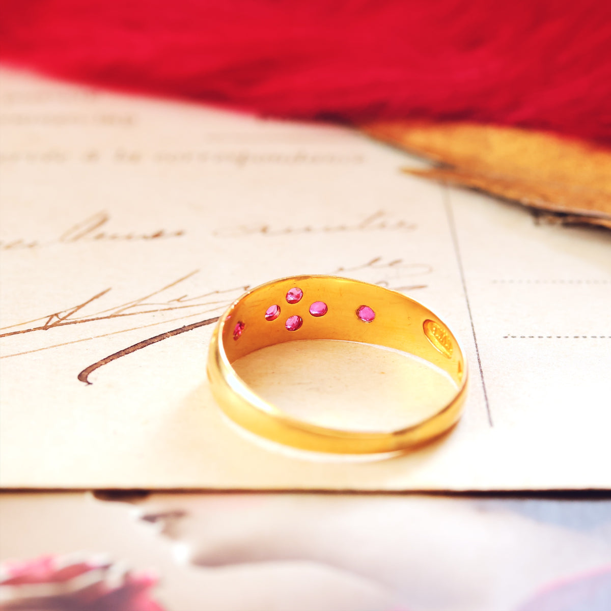 Date 1897 18ct Gold Ruby Gypsy Style Ring