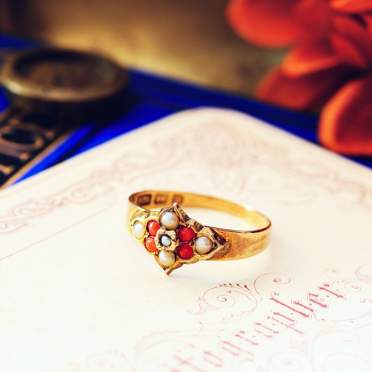 Antique Date 1900 Coral & Wild Pearl Ring
