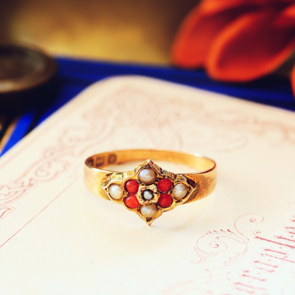 Antique Date 1900 Coral & Wild Pearl Ring