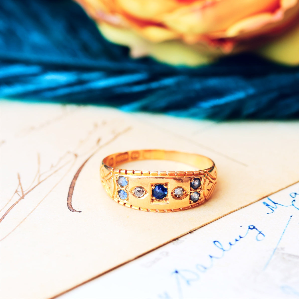 Antique Date 1900 Sapphire & Diamond Gypsy Ring