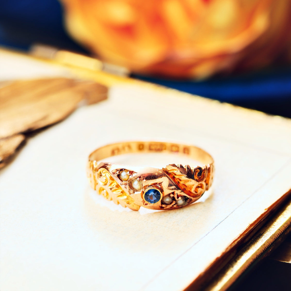 Antique Date 1900 Sapphire & Seed Pearl Gypsy Ring