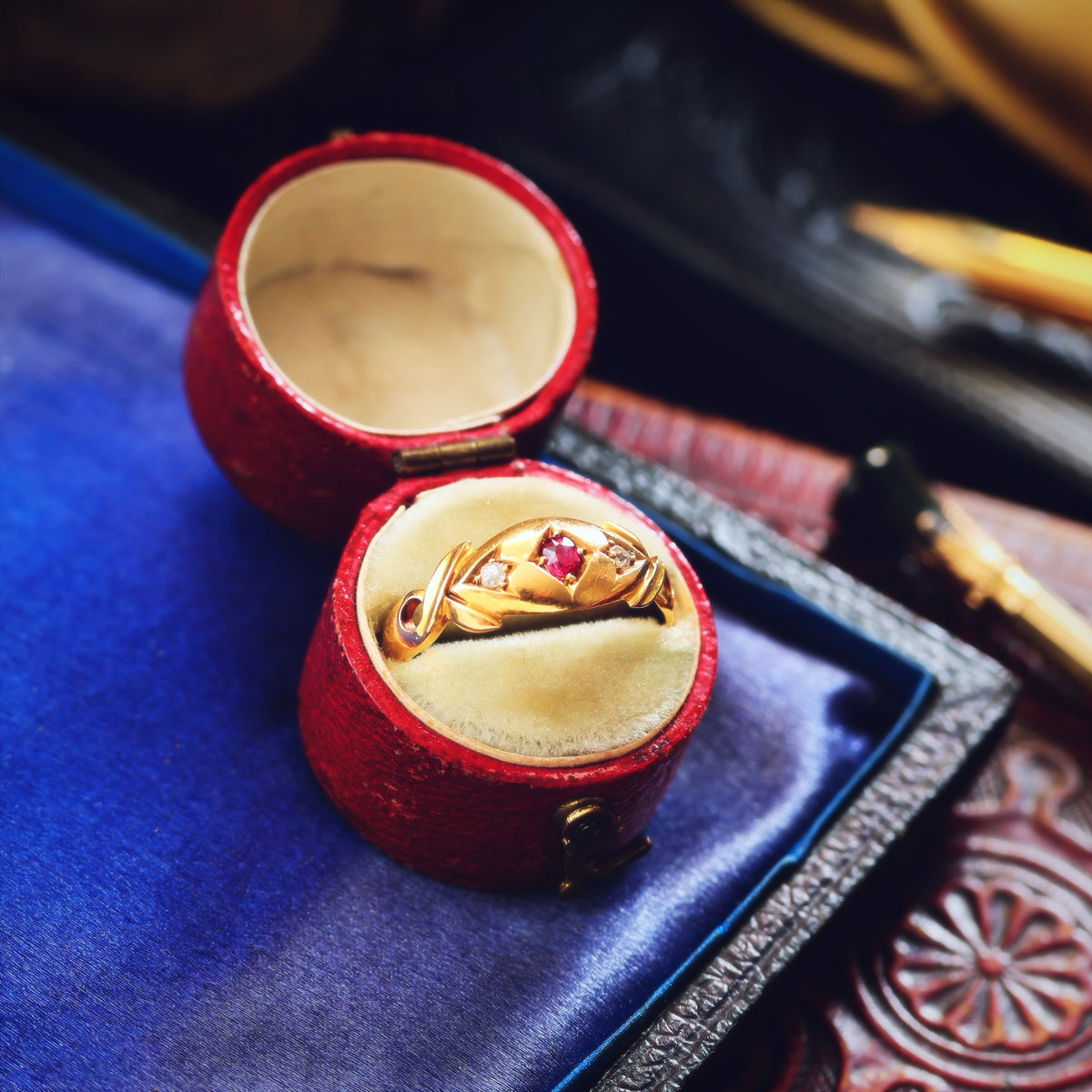 Date 1903 18ct Gold Ruby & Diamond Gypsy Style Ring