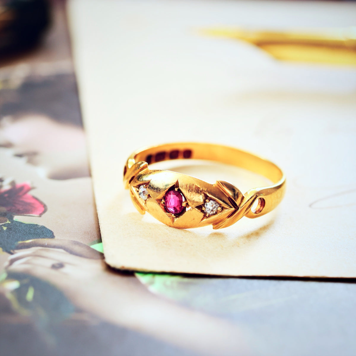 Date 1903 18ct Gold Ruby & Diamond Gypsy Style Ring