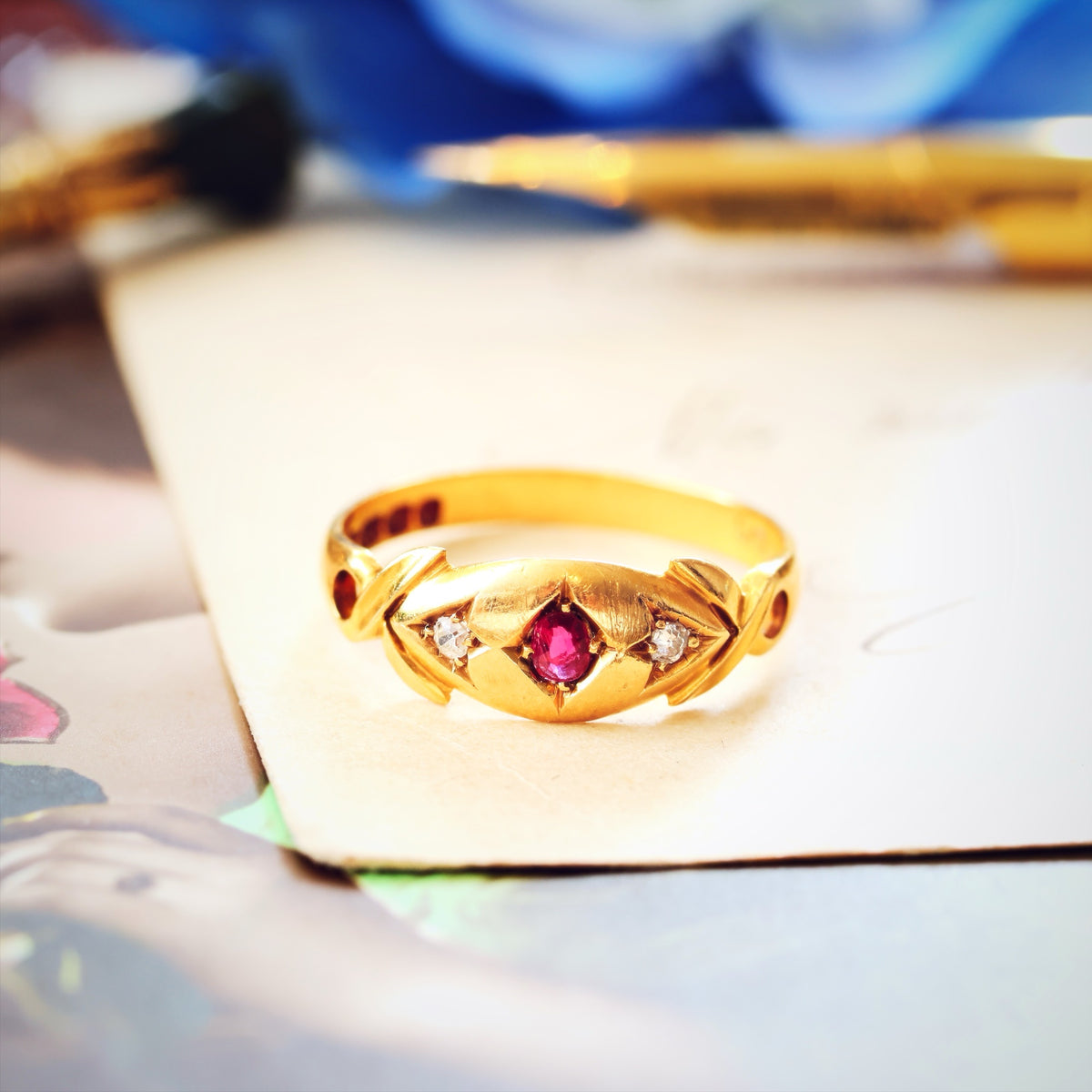 Date 1903 18ct Gold Ruby & Diamond Gypsy Style Ring