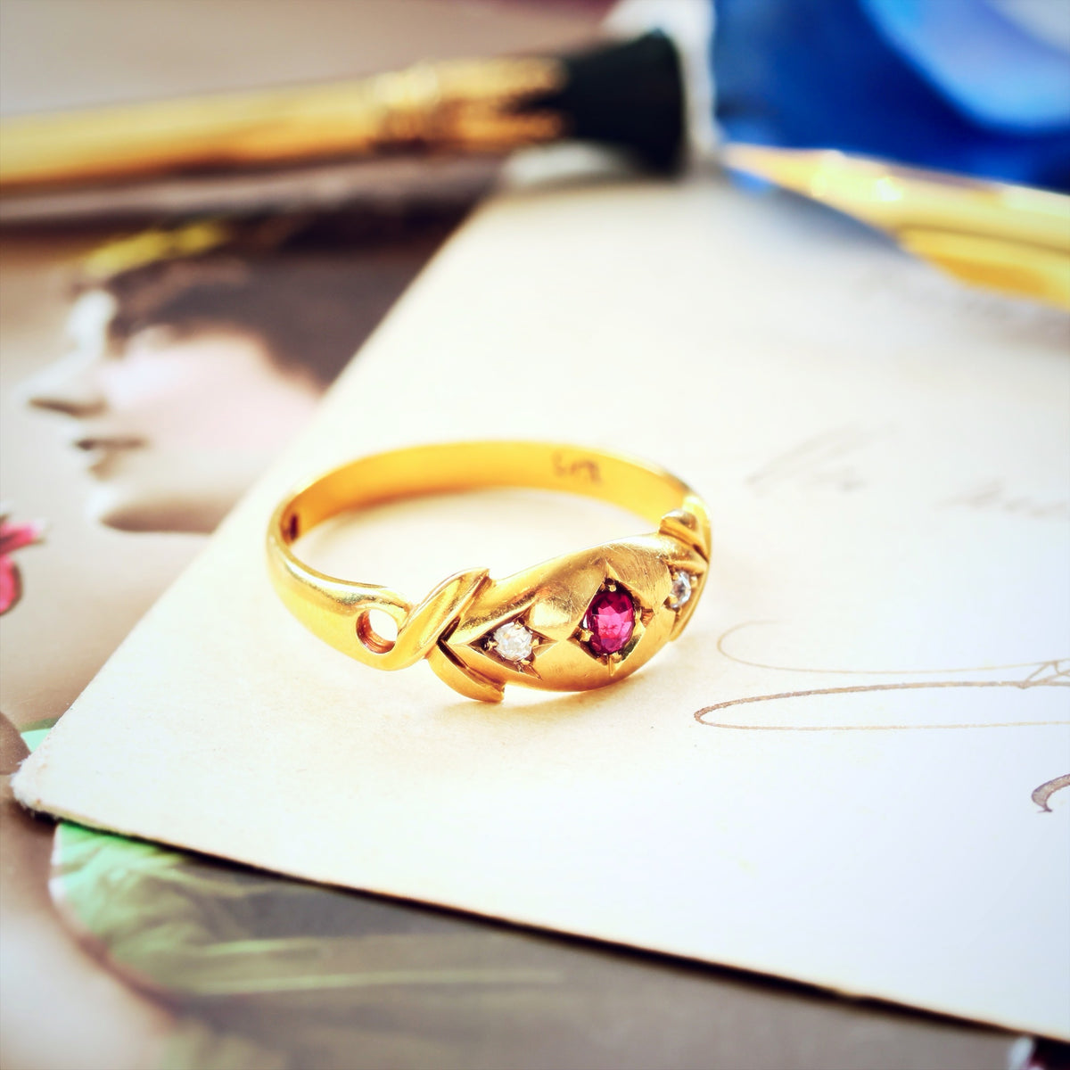 Date 1903 18ct Gold Ruby & Diamond Gypsy Style Ring