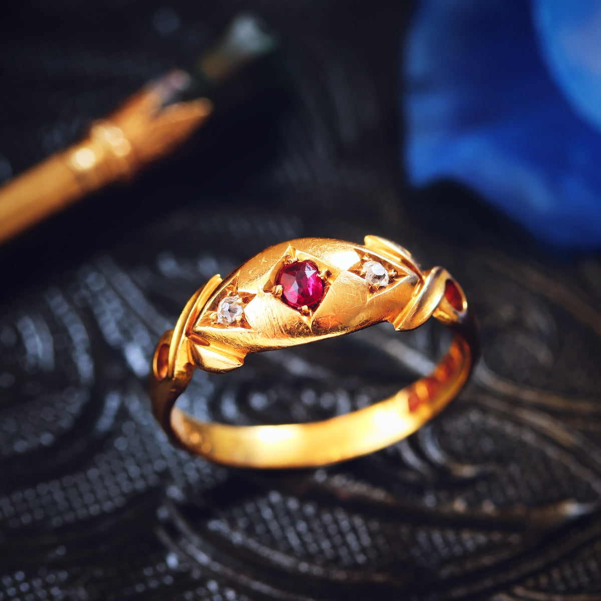 Date 1903 18ct Gold Ruby & Diamond Gypsy Style Ring