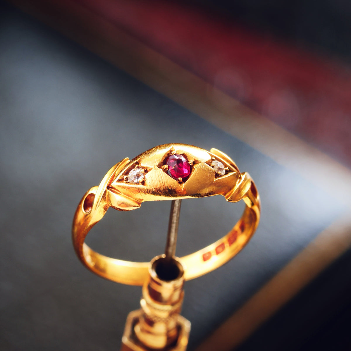 Date 1903 18ct Gold Ruby & Diamond Gypsy Style Ring
