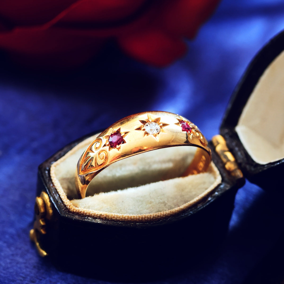 Antique Date 1904 Gypsy Set Ruby & Diamond Ring