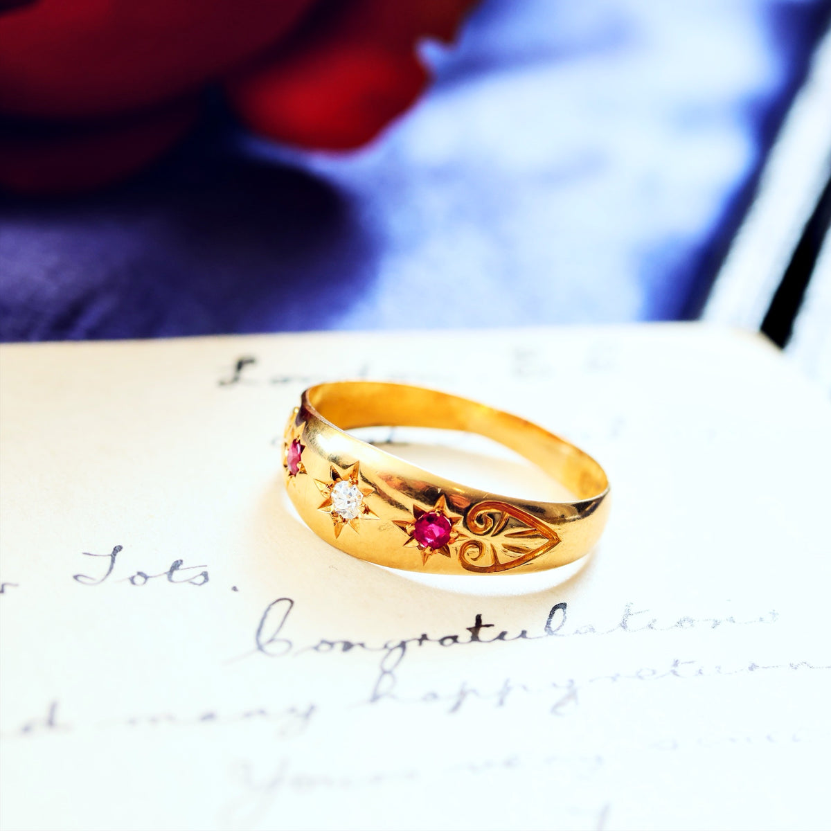 Antique Date 1904 Gypsy Set Ruby & Diamond Ring