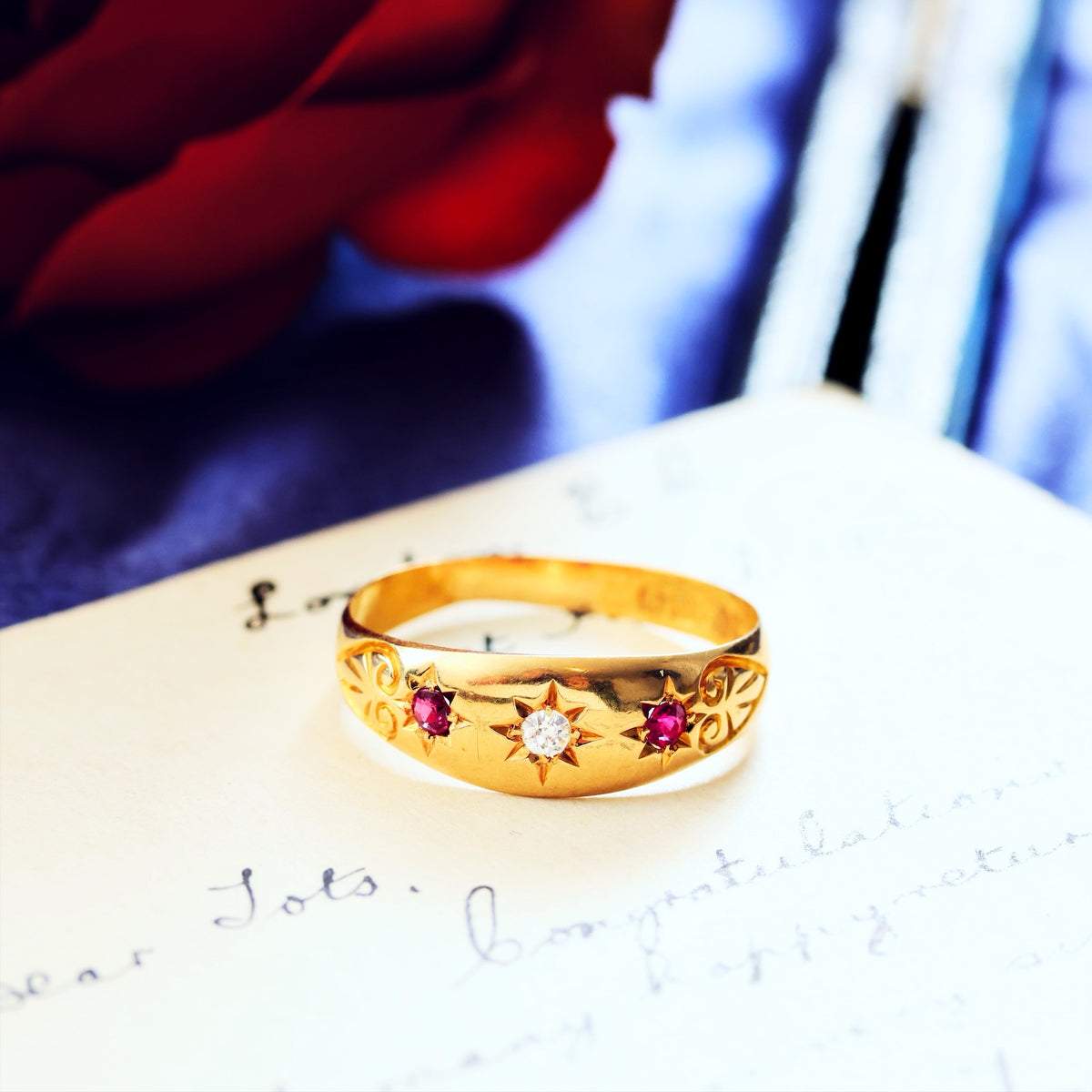 Antique Date 1904 Gypsy Set Ruby & Diamond Ring