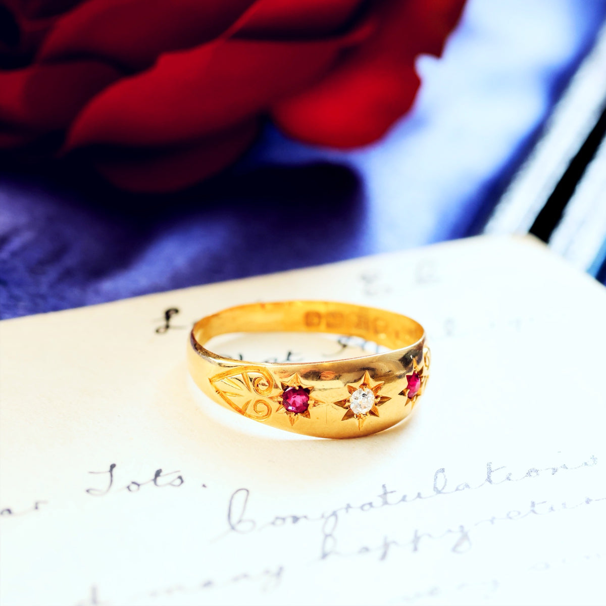Antique Date 1904 Gypsy Set Ruby & Diamond Ring