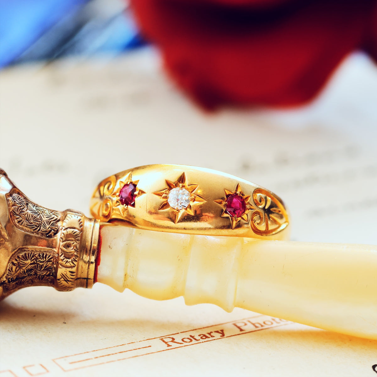 Antique Date 1904 Gypsy Set Ruby & Diamond Ring