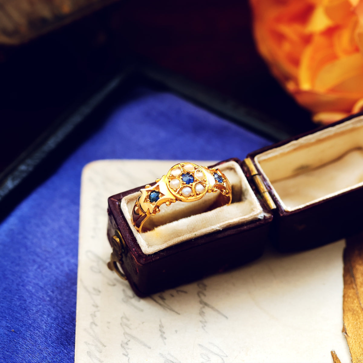 Date 1906 Sapphire & Seed Pearl Gypsy Ring