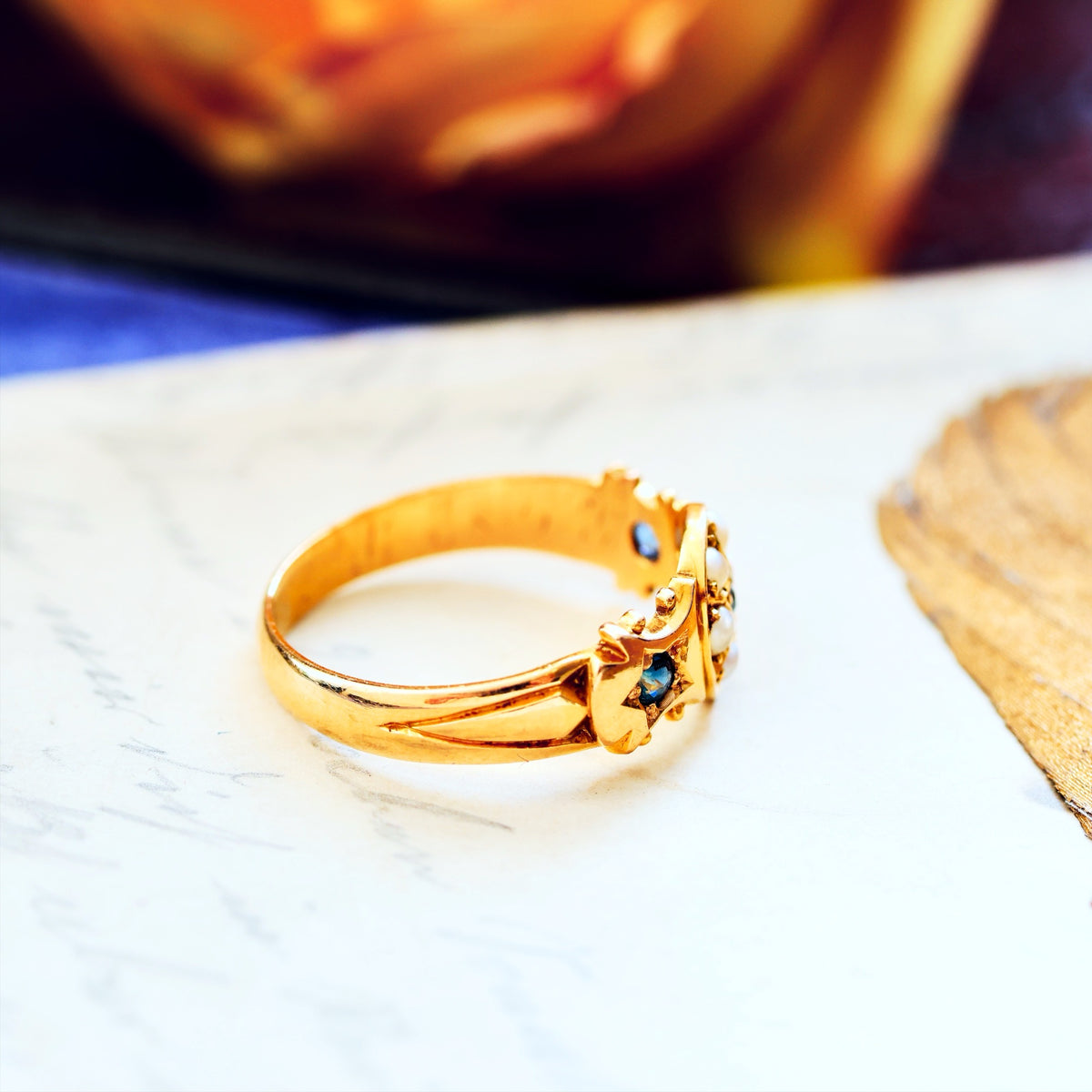 Date 1906 Sapphire & Seed Pearl Gypsy Ring