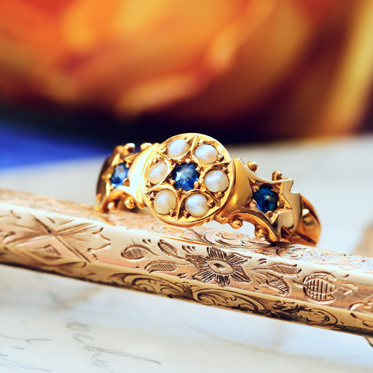 Date 1906 Sapphire & Seed Pearl Gypsy Ring