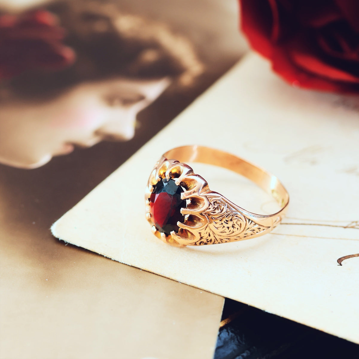 Antique Date 1908 Arts & Crafts Garnet Ring