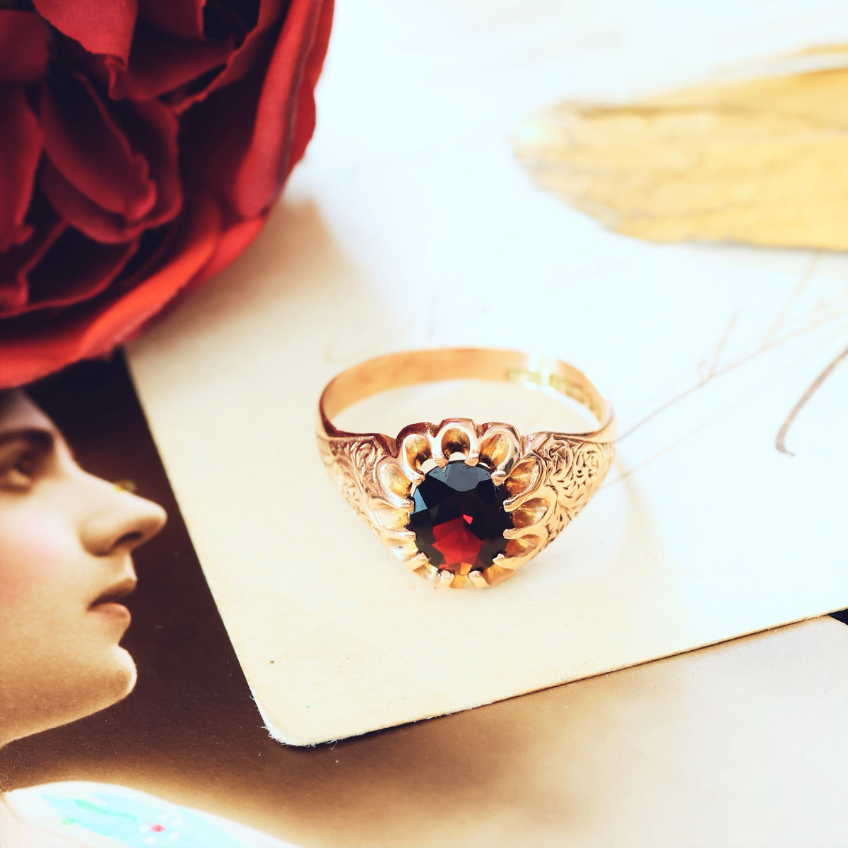 Antique Date 1908 Arts & Crafts Garnet Ring