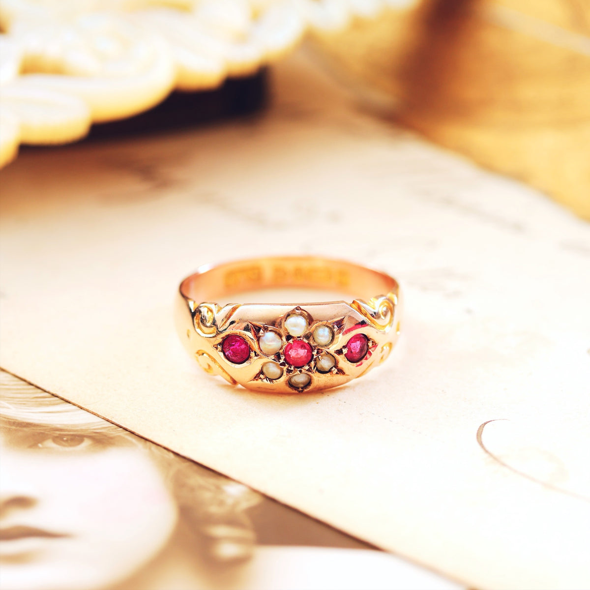 Date 1911 9ct Gold Pink Tourmaline & Pearl Gypsy Ring