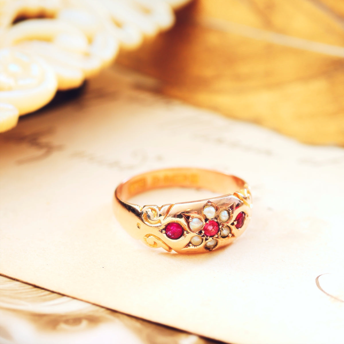 Date 1911 9ct Gold Pink Tourmaline & Pearl Gypsy Ring