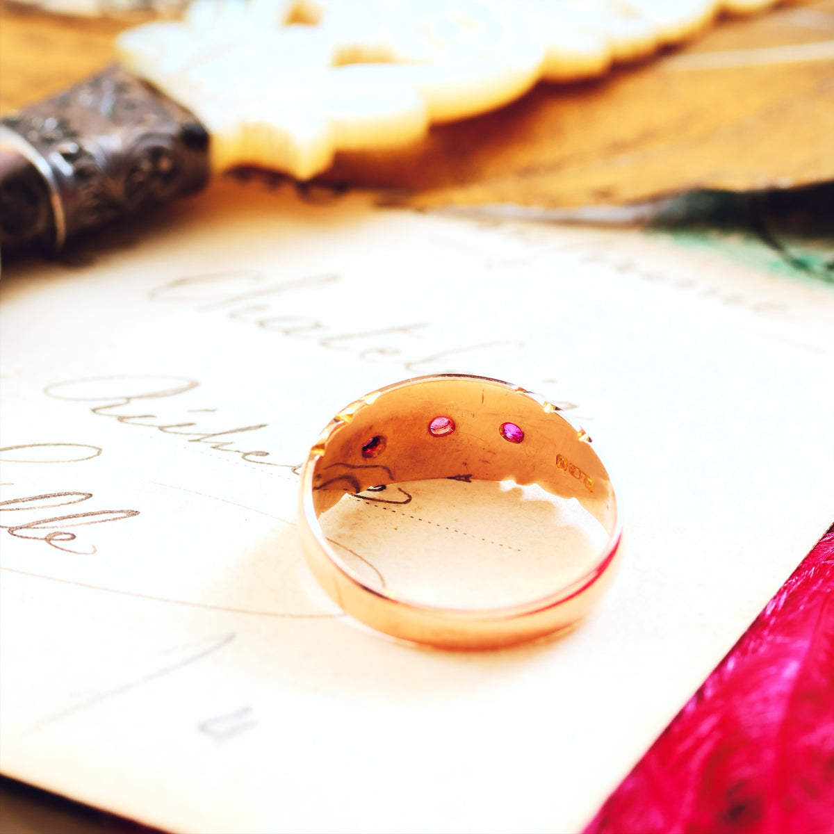 Date 1911 9ct Gold Pink Tourmaline & Pearl Gypsy Ring