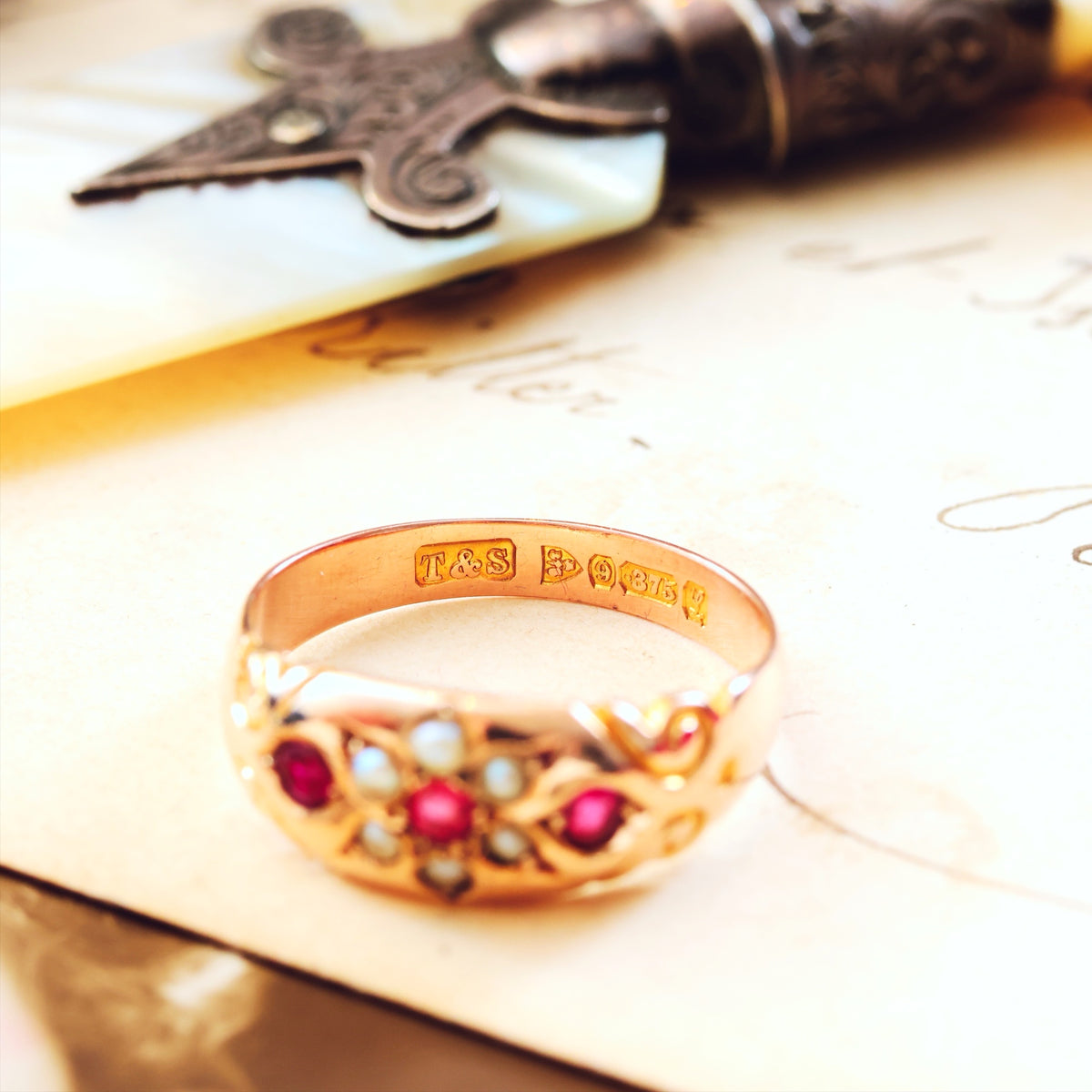 Date 1911 9ct Gold Pink Tourmaline & Pearl Gypsy Ring