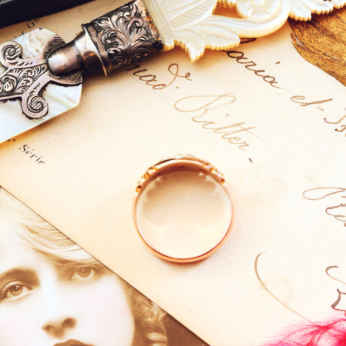 Date 1911 9ct Gold Pink Tourmaline & Pearl Gypsy Ring