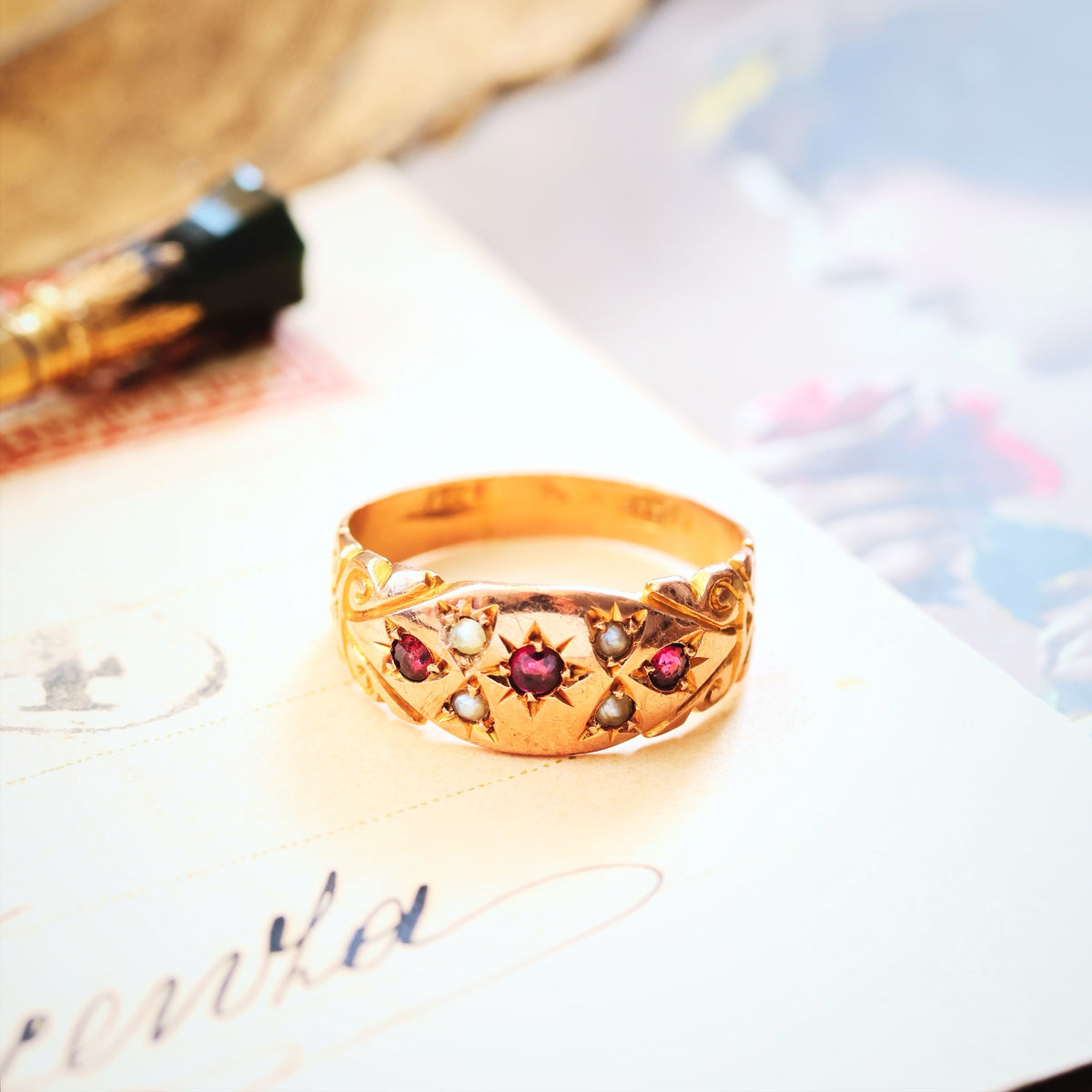 Antique Date 1911 Gypsy Set Ruby & Pearl Ring