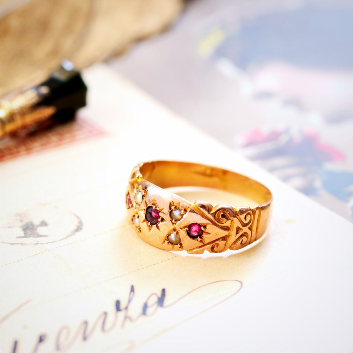 Antique Date 1911 Gypsy Set Ruby & Pearl Ring