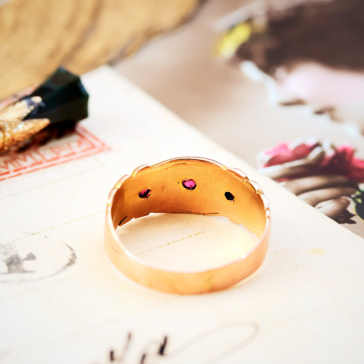 Antique Date 1911 Gypsy Set Ruby & Pearl Ring