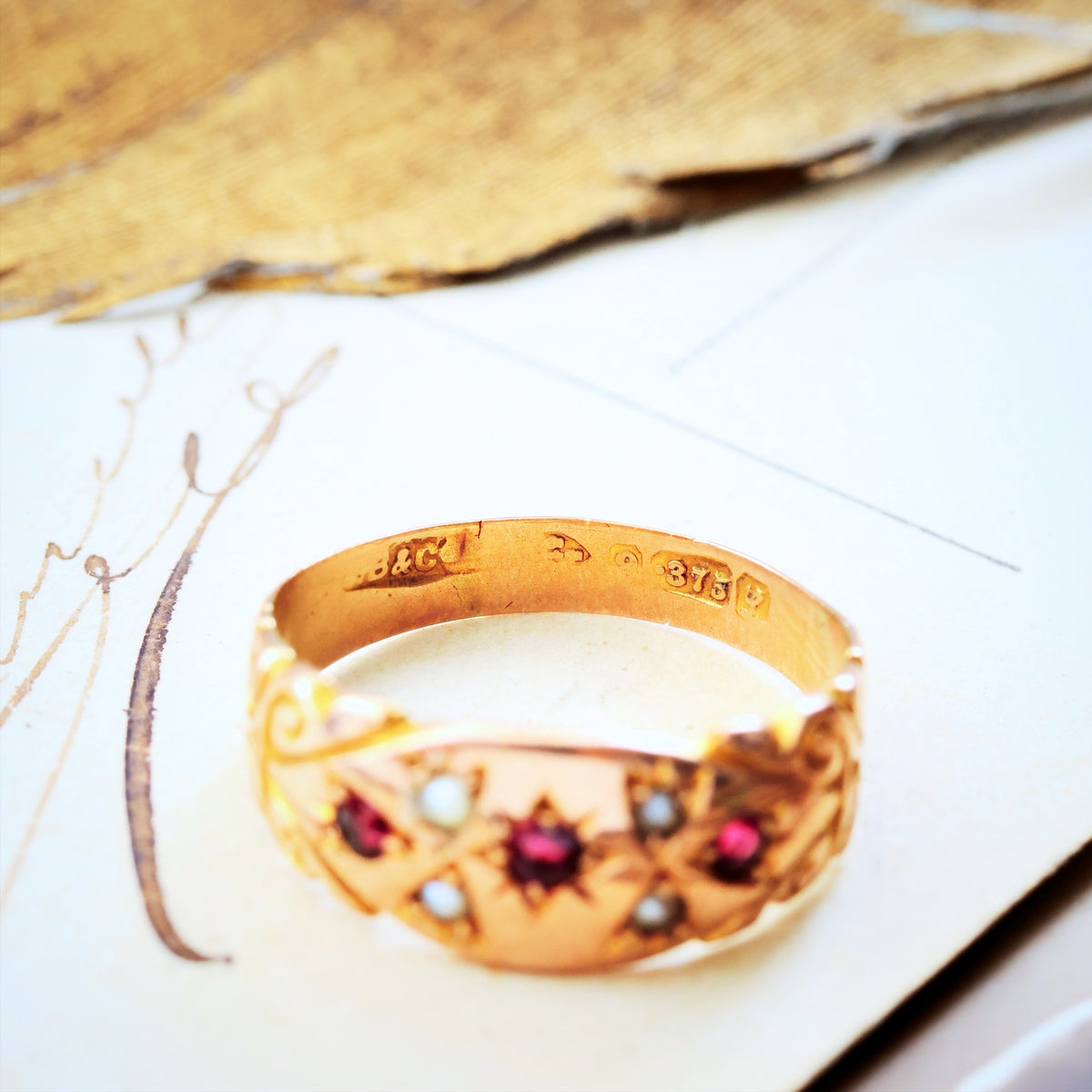 Antique Date 1911 Gypsy Set Ruby & Pearl Ring