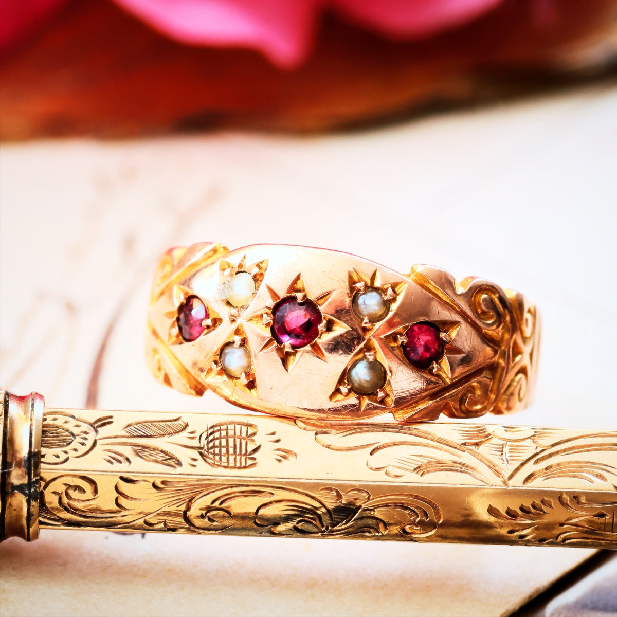 Antique Date 1911 Gypsy Set Ruby & Pearl Ring