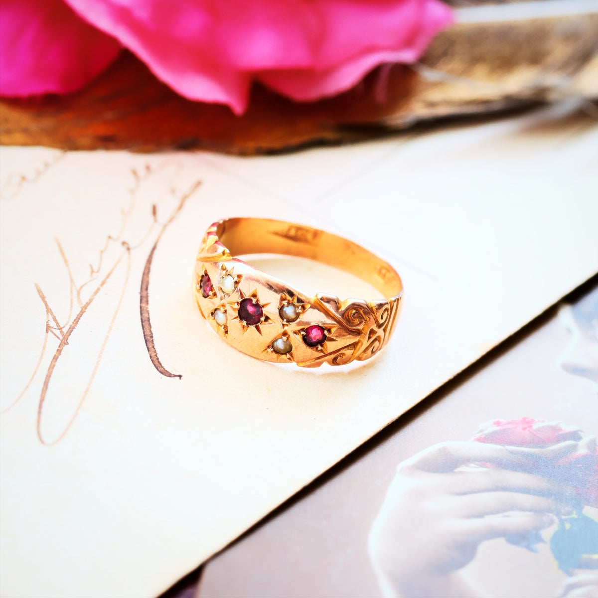 Antique Date 1911 Gypsy Set Ruby & Pearl Ring