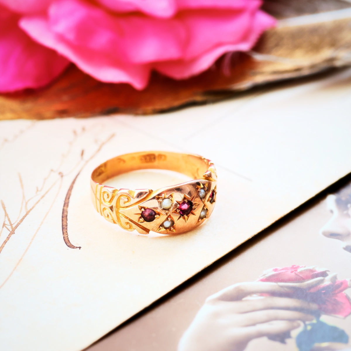 Antique Date 1911 Gypsy Set Ruby & Pearl Ring