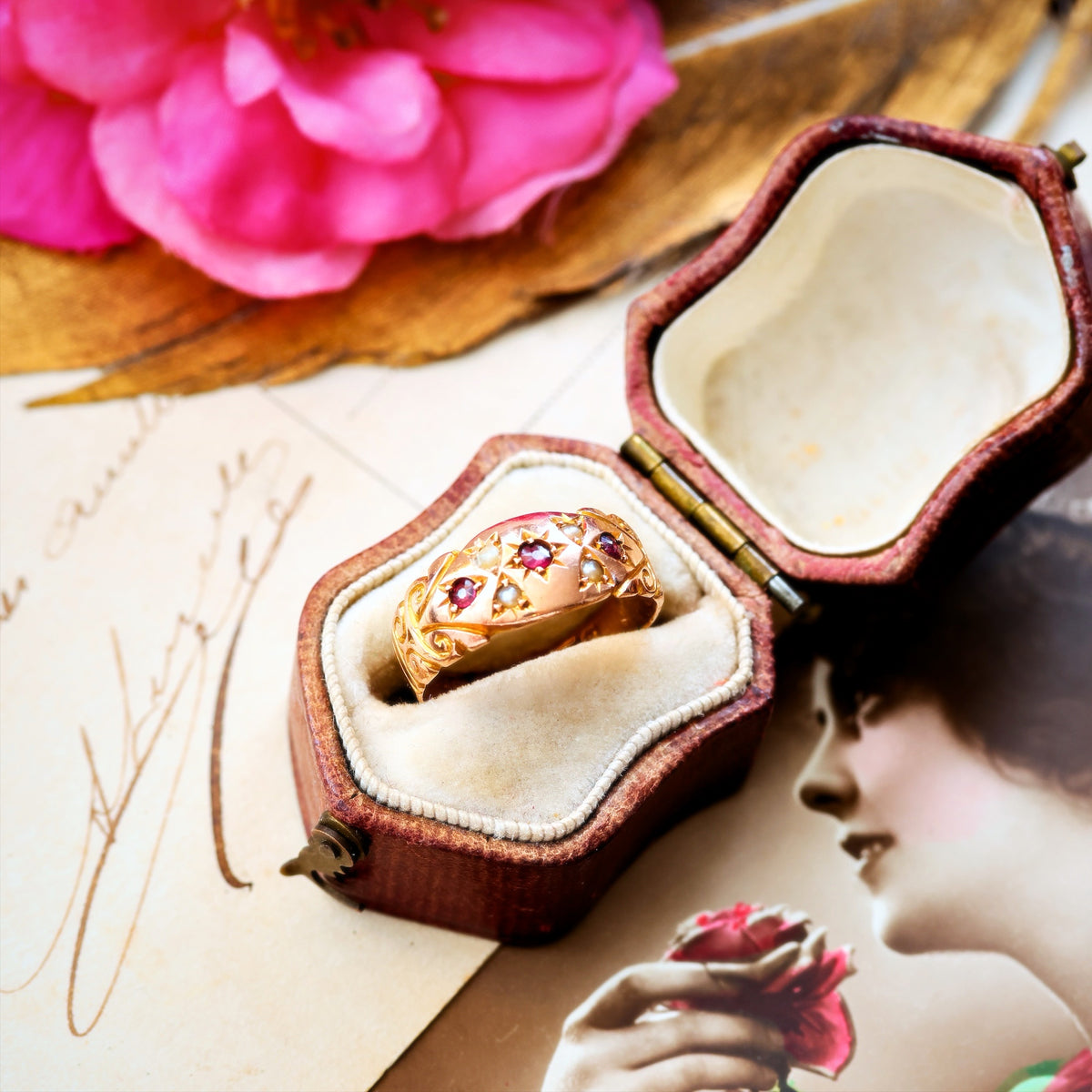 Antique Date 1911 Gypsy Set Ruby & Pearl Ring
