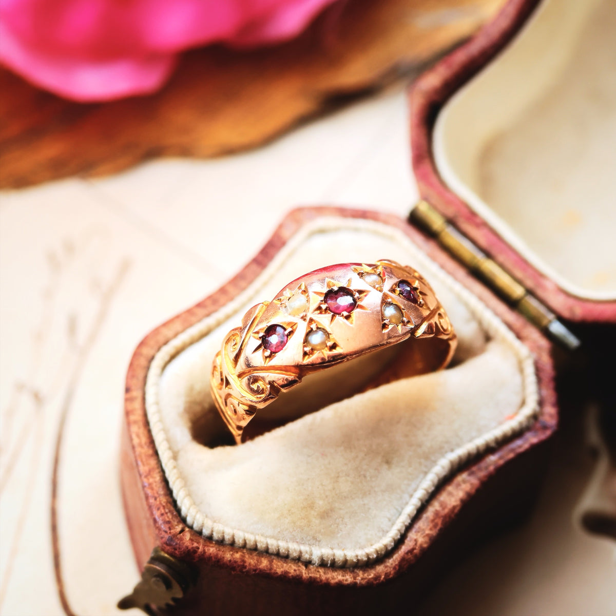 Antique Date 1911 Gypsy Set Ruby & Pearl Ring