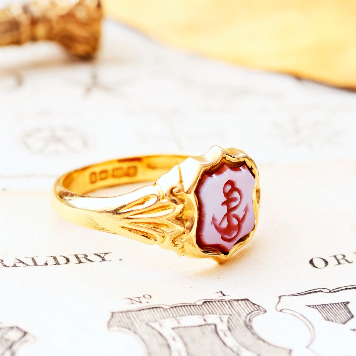 Date 1922 Shield Shaped Sardonyx Anchor Signet Ring
