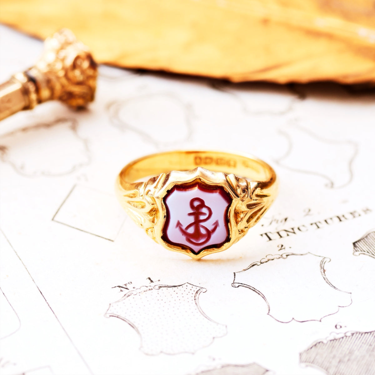 Date 1922 Shield Shaped Sardonyx Anchor Signet Ring