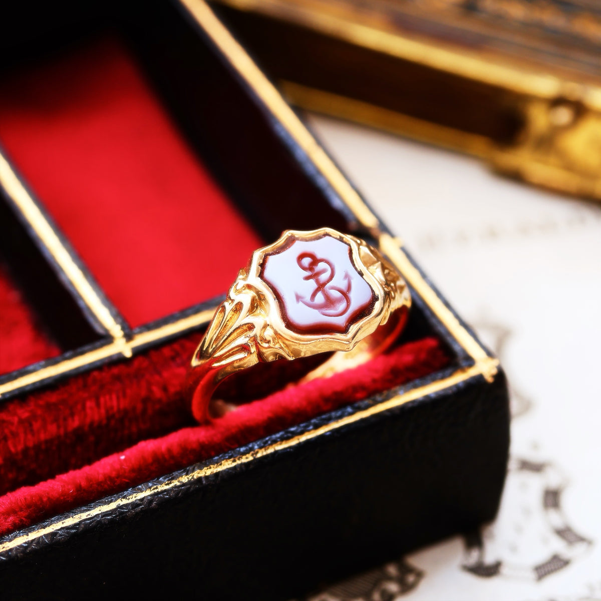 Date 1922 Shield Shaped Sardonyx Anchor Signet Ring
