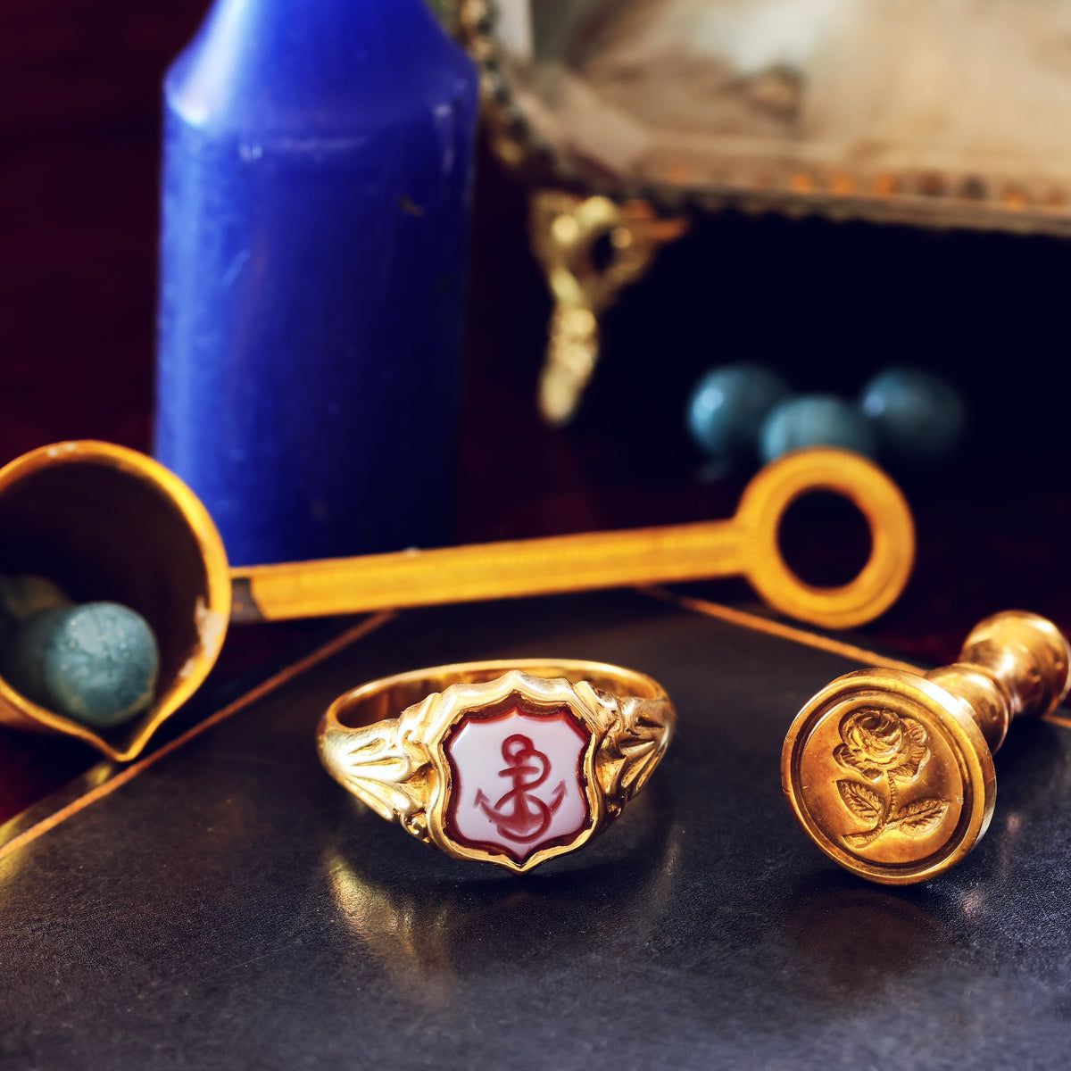 Date 1922 Shield Shaped Sardonyx Anchor Signet Ring