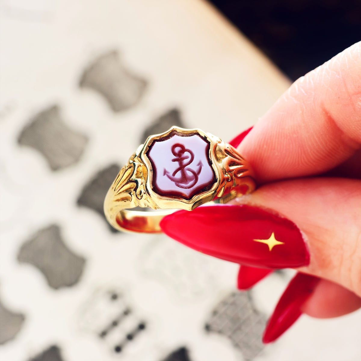 Date 1922 Shield Shaped Sardonyx Anchor Signet Ring