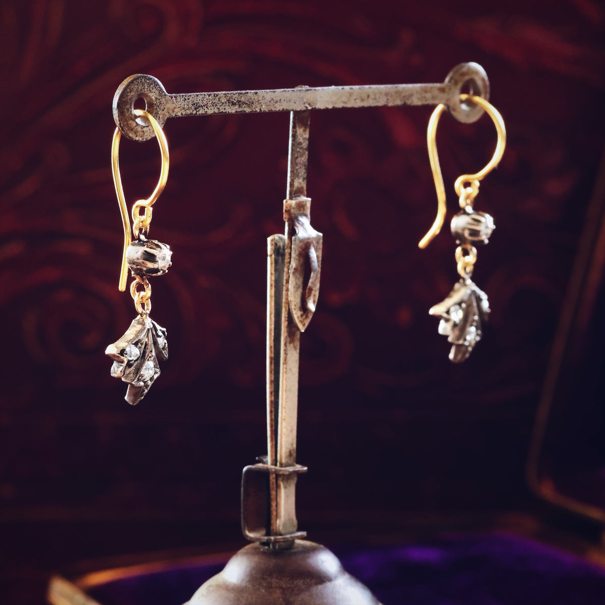 Petite Antique Diamond Flowerette Drop Earrings