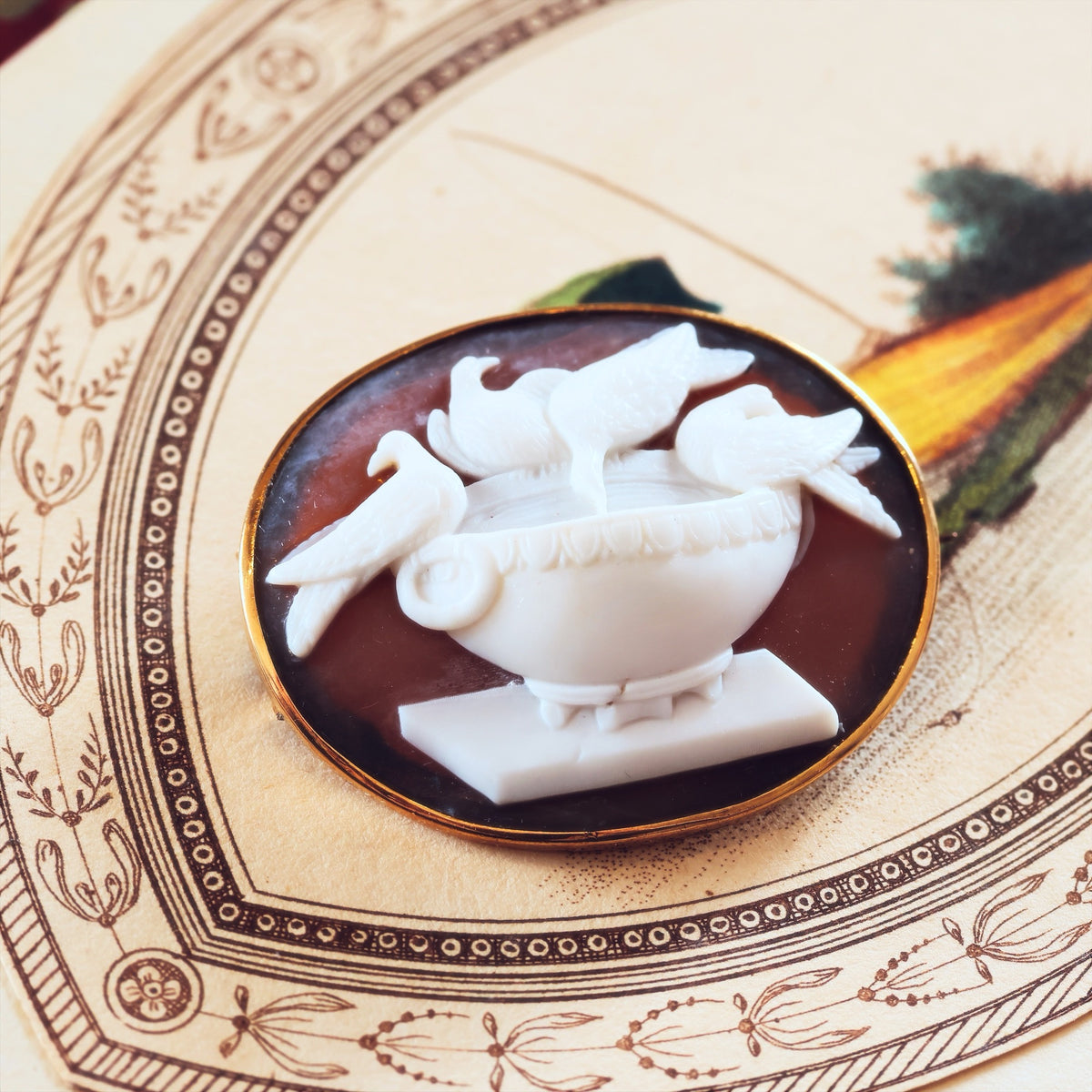 Exquisitely Antique Doves of Pliny Cameo Brooch