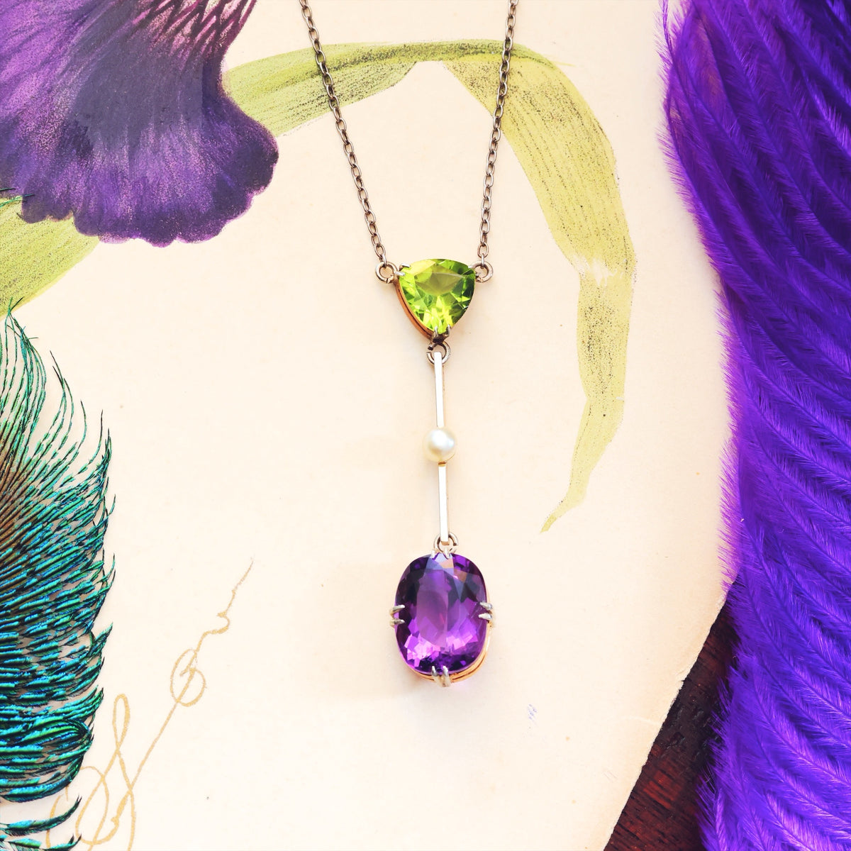 Antique Edwardian Amethyst & Peridot Lavaliere Pendant