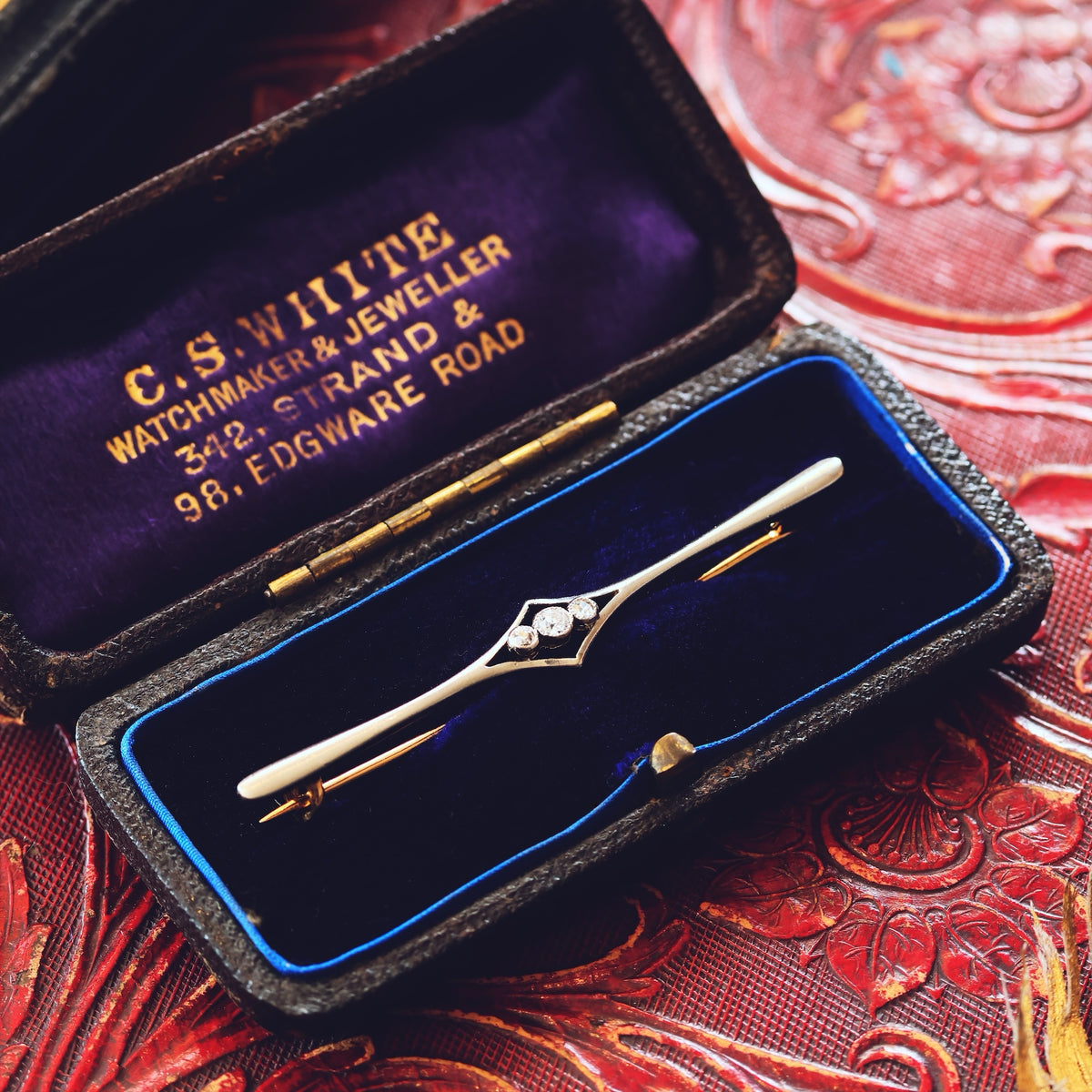 Antique Edwardian Elegance Diamond Bar Brooch in Original Box