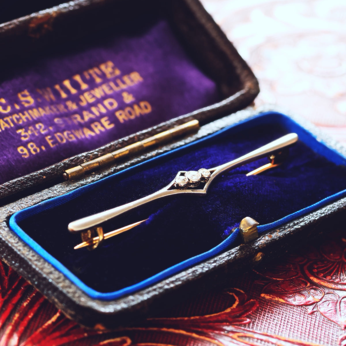 Antique Edwardian Elegance Diamond Bar Brooch in Original Box