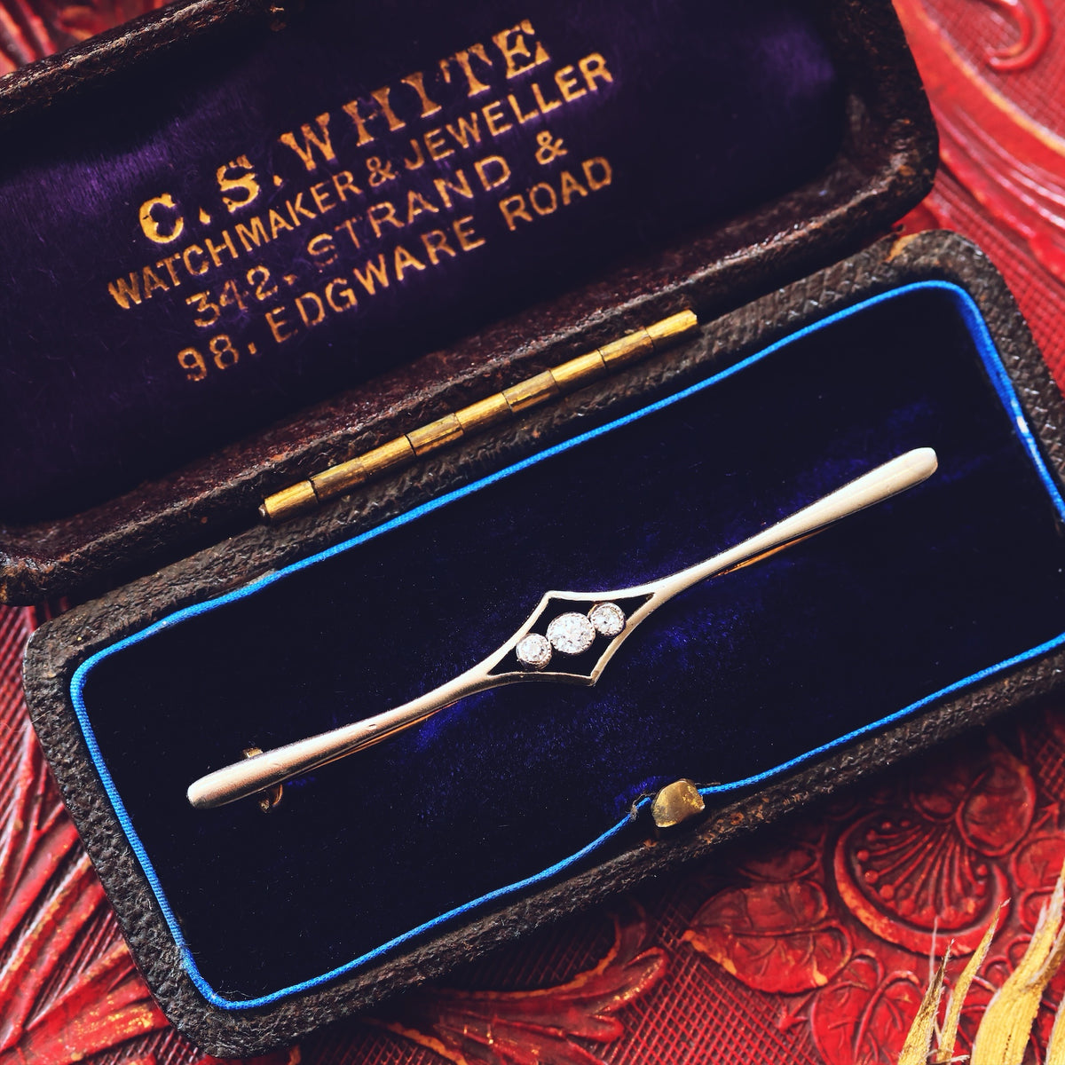 Antique Edwardian Elegance Diamond Bar Brooch in Original Box
