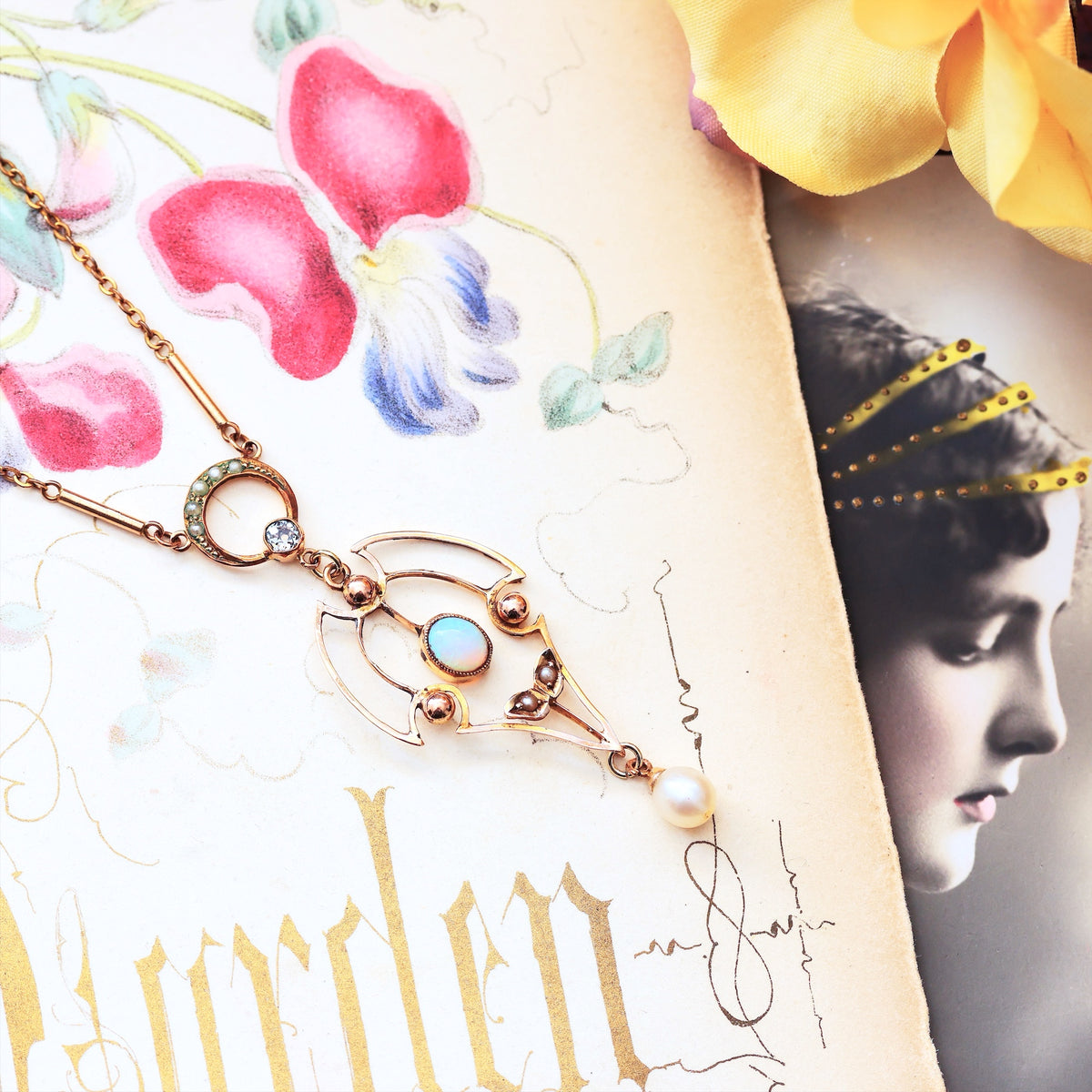 Antique Edwardian Opal, Diamond & Pearl Pendant